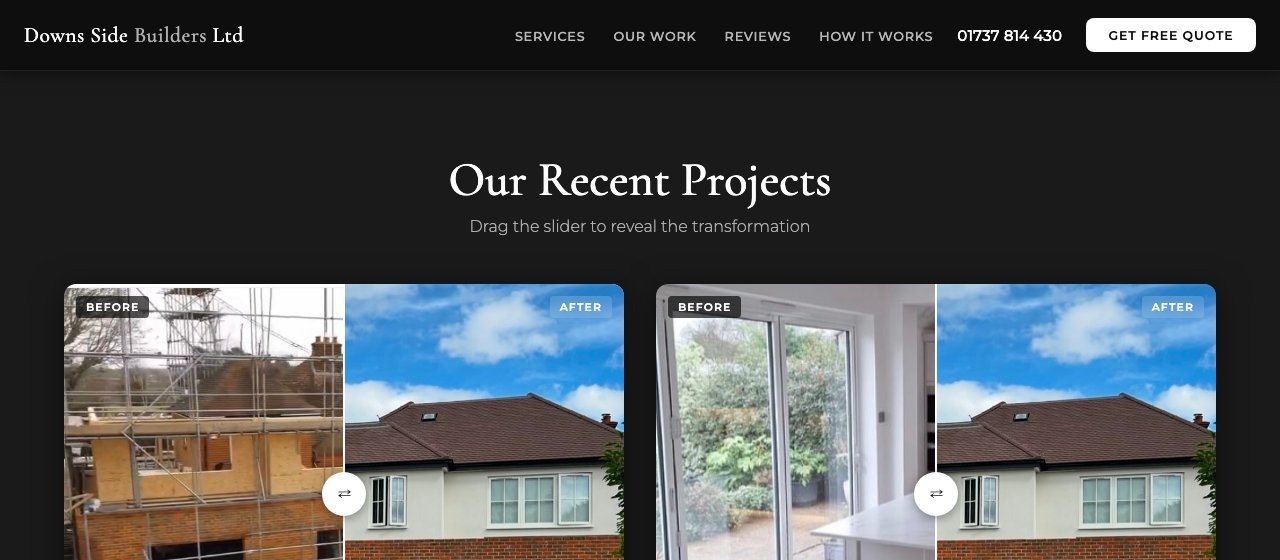 Before and after project gallery showing loft conversion and extension work