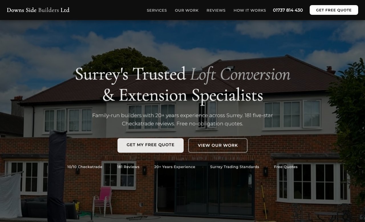 Downs Side Builders homepage — dark hero with house photo and headline