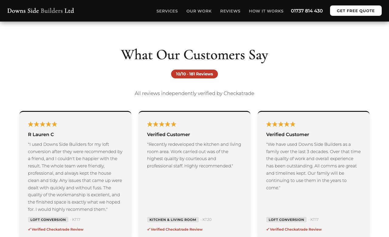 5-star reviews section with Checkatrade badge and customer testimonials