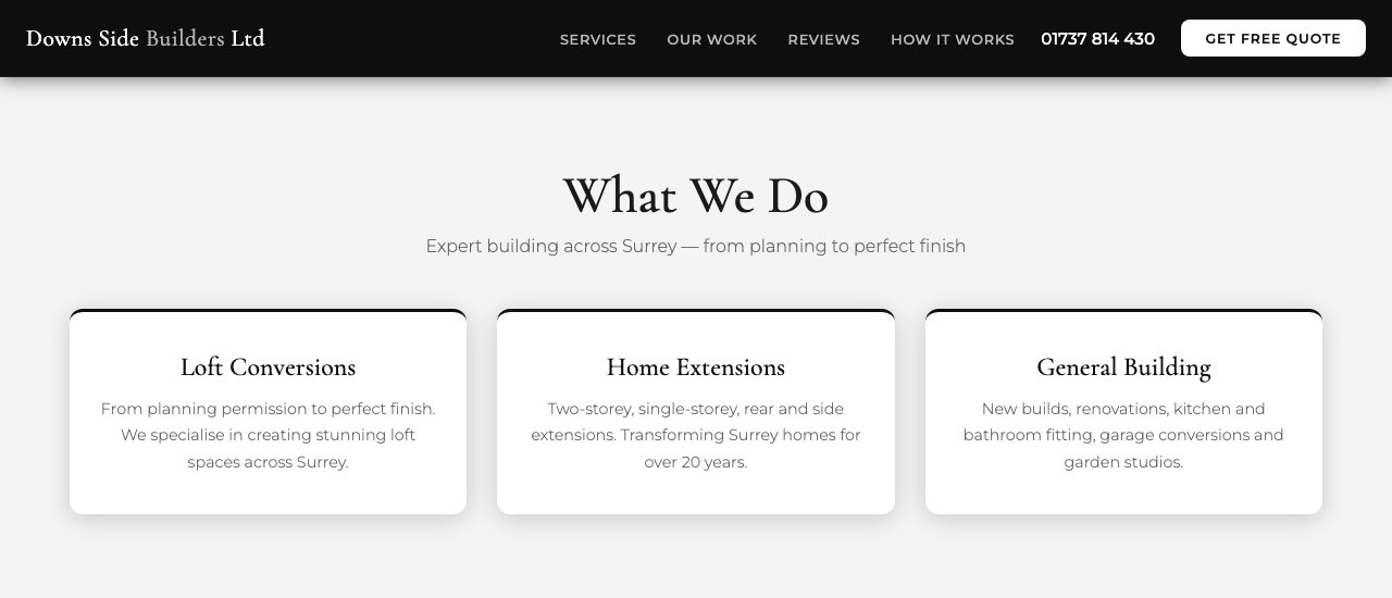 Services section showing Loft Conversions, Home Extensions and General Building cards